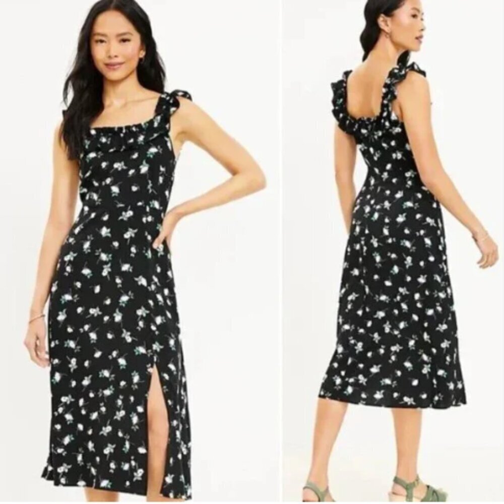 Ann Taylor LOFT Black Floral Ruffle Midi Dress‎ 0